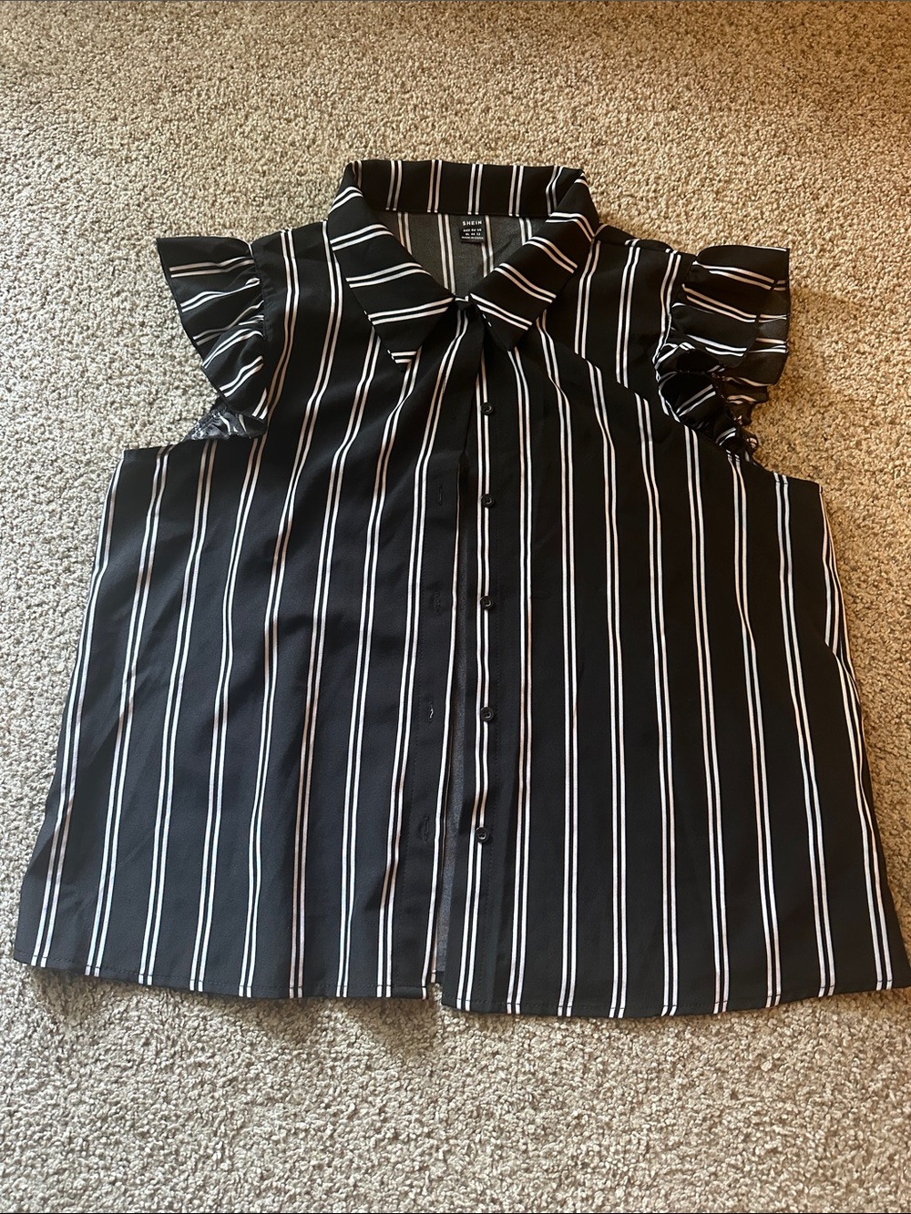 SHEIN Black and White Striped Ruffle Sleeve Button Front Top